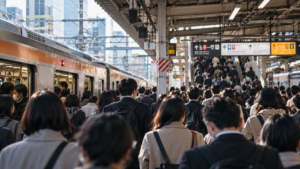 東京通勤尖峰時段，電車停駛後大量乘客在月台移動